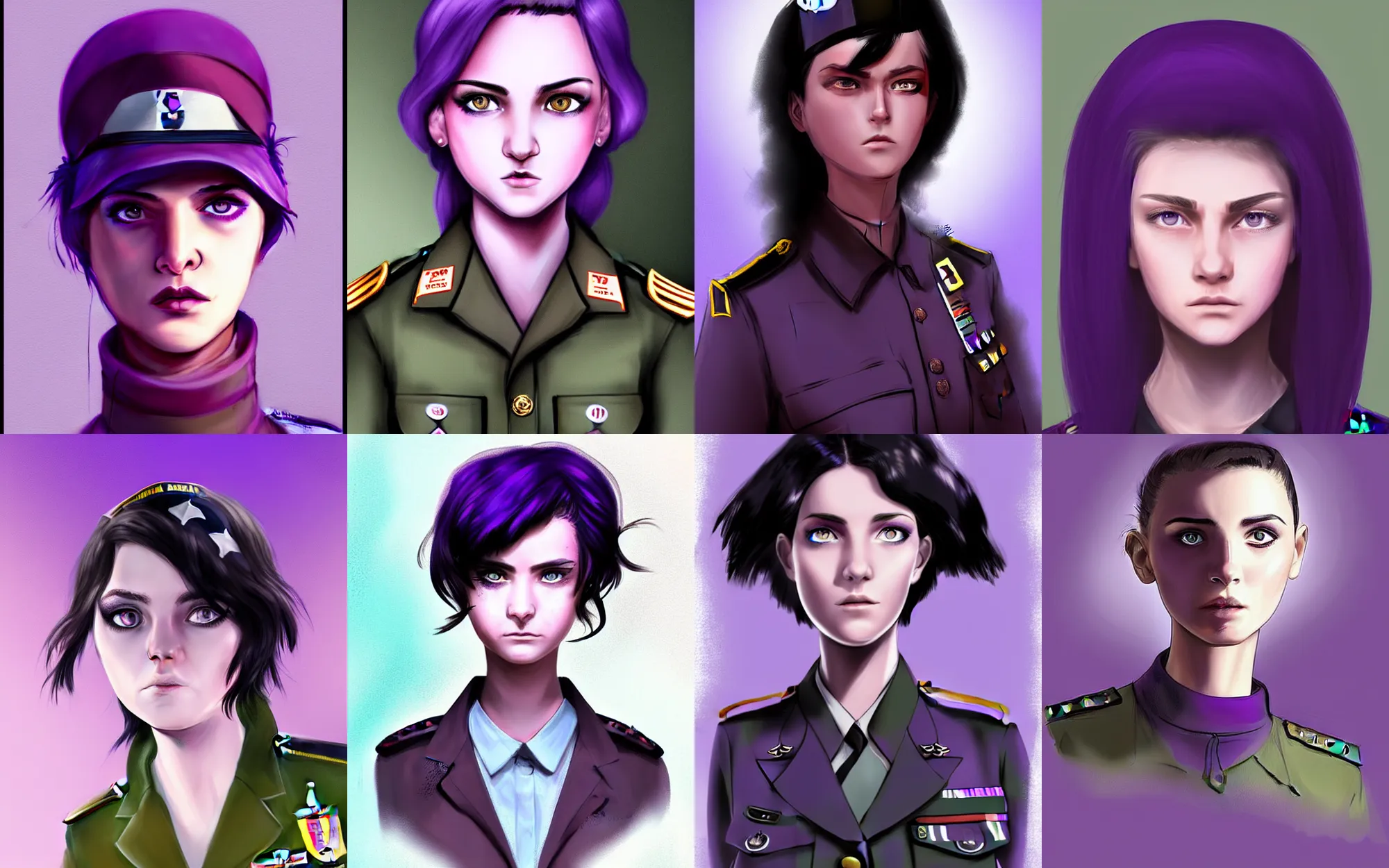Prompt: the girl was dressed in a military uniform. her hair was short and black, gleamed slightly in the sun. her purple eyes gazed at the camera, digital concept art, portrait