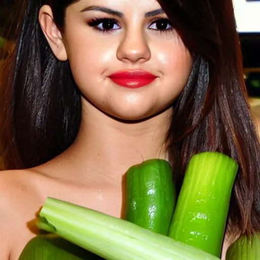 Image similar to selena gomez as celery, celery body, celery mutant