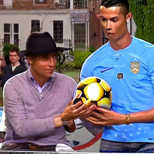 Prompt: a screenshot from the antiques roadshow, cristiano ronaldo with a priceless soccer ball, uhd, 8k,