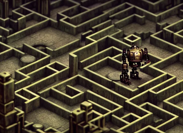 Image similar to steampunk robot in a maze by greg rutkowski and andreas rocha, tilt shift, ultra realistic, unreal engine, trending on artstation, 4 k