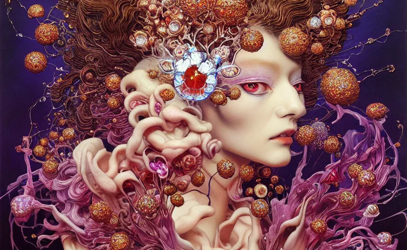 Prompt: flower creature, a lot of diamonds around, by ayami kojima, by francis bacon, smooth shading, by amano, by karol bak, greg hildebrandt, by mark brooks, by alex grey, by zdzisław beksinski, 8 0's sci - fi, retro, wrapped thermal background