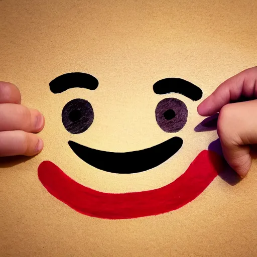 Image similar to child drawing of smiling emoji face with thumb up and red eyes.