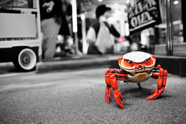 Prompt: a cute crab robot, in 2 0 0 2, at a mall, street style, crabcore, low - light photograph, photography by tyler mitchell