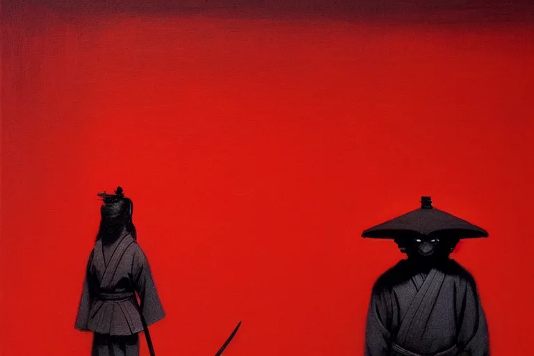 Image similar to only with red, a red samurai harakiri, tokio, a lot of frogs watch, in the style of beksinski, parts by edward hopper, parts by rodcenko, parts by yue minjun, intricate and epic composition, red by caravaggio, insanely quality, highly detailed, masterpiece, red light, artstation, 4 k