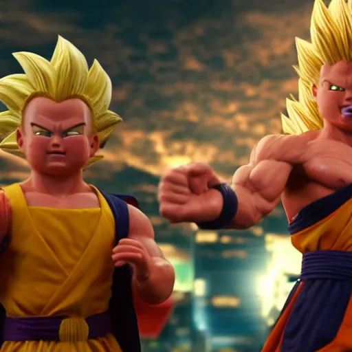 Prompt: Photo realistic live action Super Saiyan Leonardo Di Caprio vs Majin Bill Murray WWE takedown ray traced 8K anti-aliased highly detailed cinematic render award winning photography pay-per-view screen recording