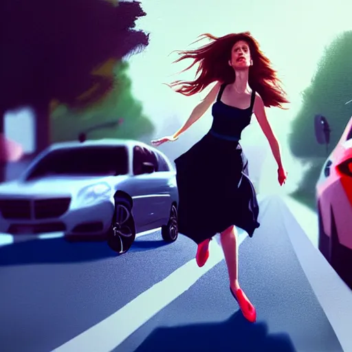 Prompt: pretty women dodging a moving car, photorealistic, in the style of greg rutkowski, detailed face, full body