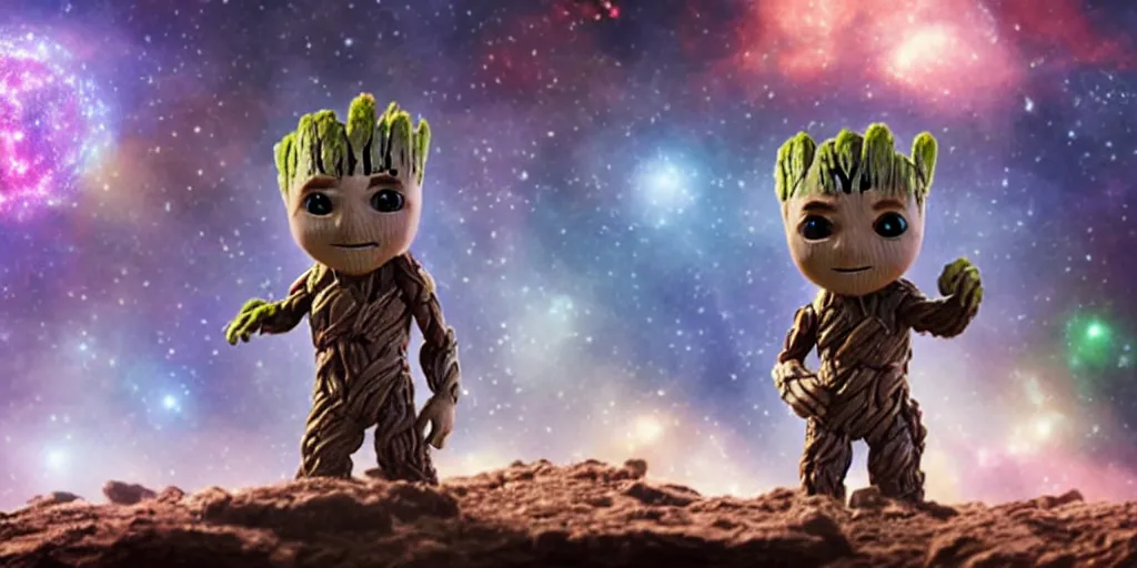 Image similar to a 3 d rendered movie still of baby groot. baby groot wears a spacesuit, and explores cosmos in a super awesome space ship. science fiction blockbuster movie baby groot rules the world or i was a teenage groot, dramatic lighting, imax 7 0 mm. buzz lightyear