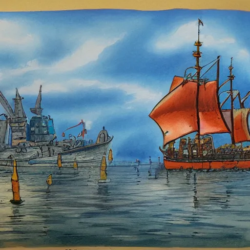 Image similar to wizard's ship setting out from a harbour colour painting high res