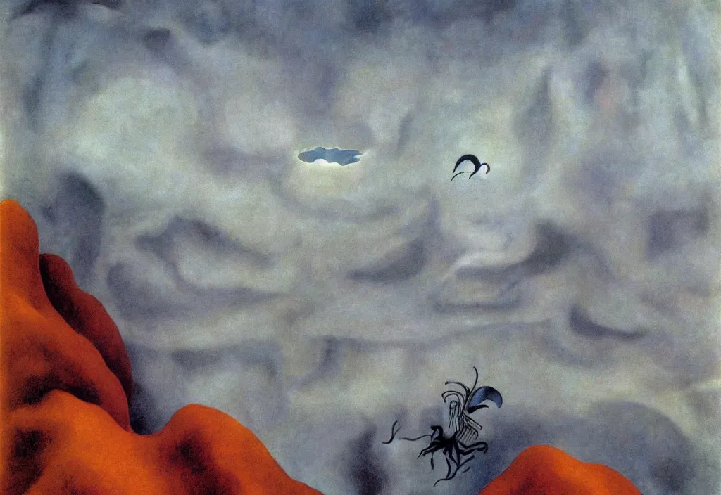 Prompt: shy mountain summit taking a peek through the clouds, fog, with curious eyes. joy of life happy flying creature. painting by yves tanguy, jean delville, rene magritte, max ernst, monet