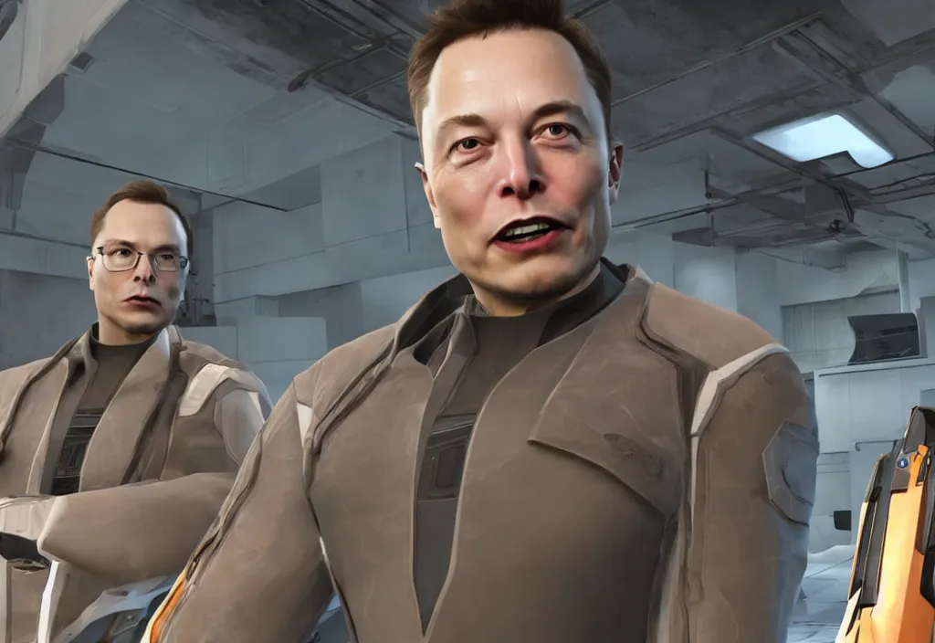 Image similar to elon musk in half life, elon musk in the video game half life, gameplay screenshot, close up, 3 d rendering. unreal engine. amazing likeness. very detailed.