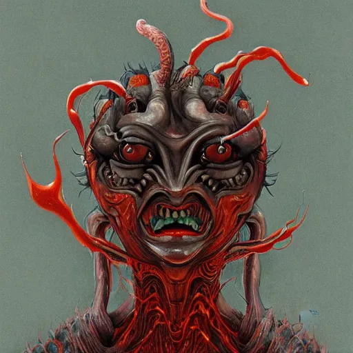 Image similar to naraka buddhist demon korean female, nazgul, happy female alien, tubular creature, blood vessels, no face, dystopian surrealism, alex ries zdzisław beksinski, symmetrical long head, smooth marble surfaces, smooth marble surfaces, detailed ink illustration, detailed ink illustration, raiden metal gear, cinematic smooth stone, deep aesthetic, concept art, intricate