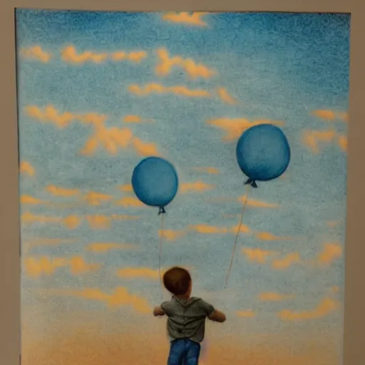 Prompt: boy holding balloons in the sky floating towards the sun, cloudy misty sky, hyper realism, highly ornate intricate details, 1 9 2 0's colored pencil, very sharp photo,