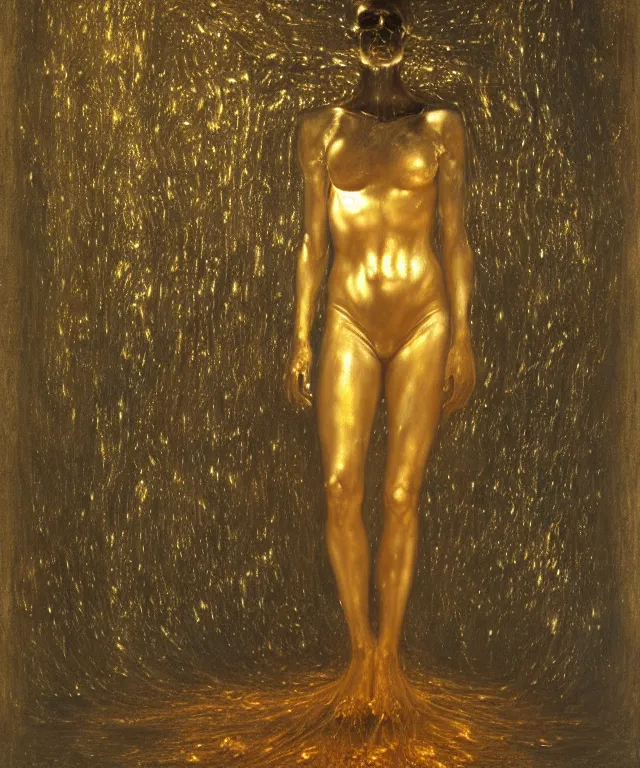 Image similar to Beautiful full-body wax sculpture of glowing transparent woman in glowing cloth with visible gold bones covered with melted white wax inside the singularity where stars becoming baroque folds of dark matter by Michelangelo da Caravaggio, Nicola Samori, William Blake, Alex Grey and Beksinski, dramatic volumetric lighting, highly detailed oil painting, 8k, masterpiece