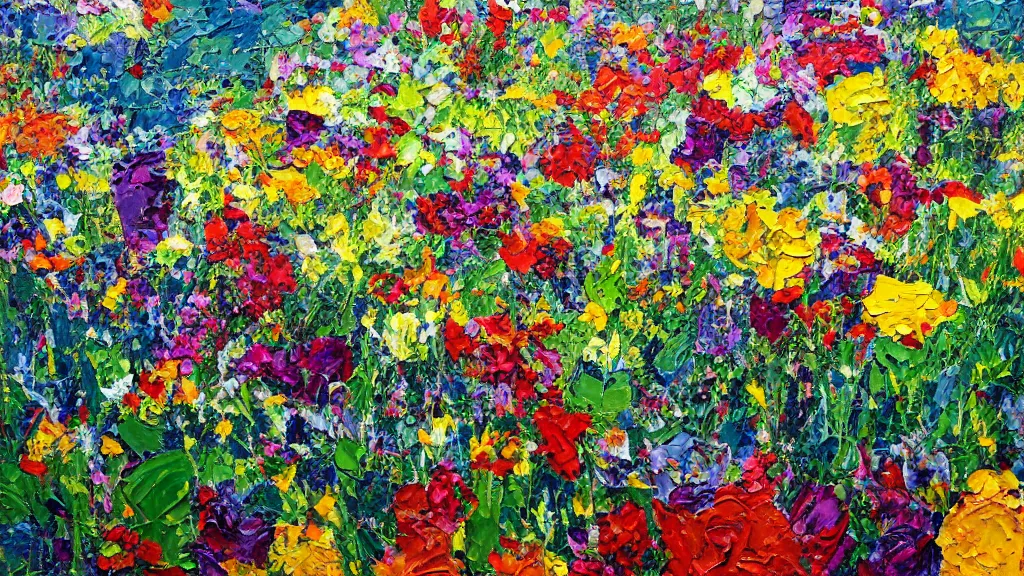 Prompt: a flower garden. impasto.