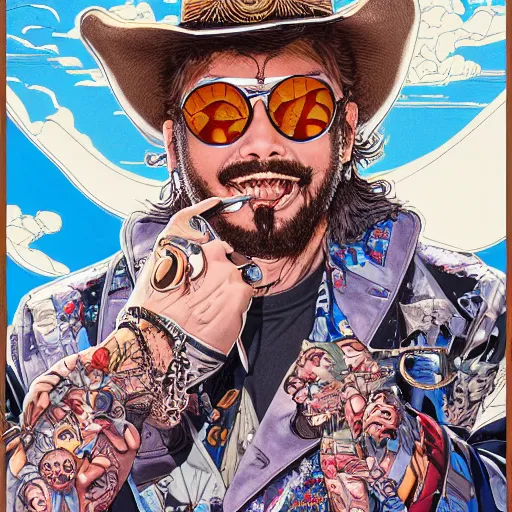 Prompt: portrait of crazy post malone with round digital sunglasses and cowboy hat, symmetrical, by yoichi hatakenaka, masamune shirow, josan gonzales and dan mumford, ayami kojima, takato yamamoto, barclay shaw, karol bak, yukito kishiro