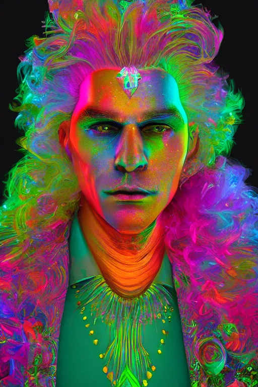 Prompt: portrait of a hyperdimensional jester, neon rainbow quartz, 4k detailed hyperrealistic digital photo by Andy Thomas, Mario Martinez, Daniel Mirante, Gustave Dore, Artstation, CGsociety