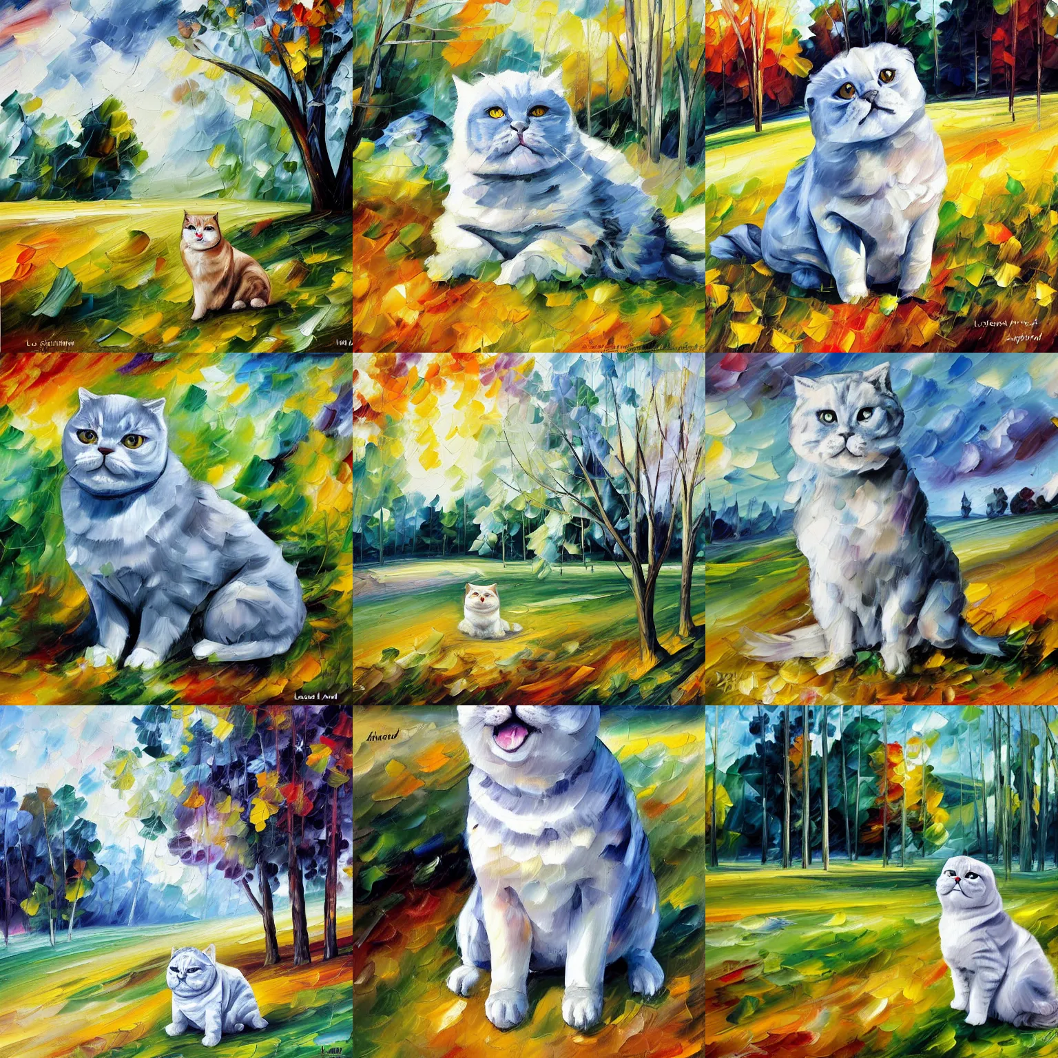 Prompt: fat grey scottish fold sitting in a meadow, expressive oil painting, by leonid afremov