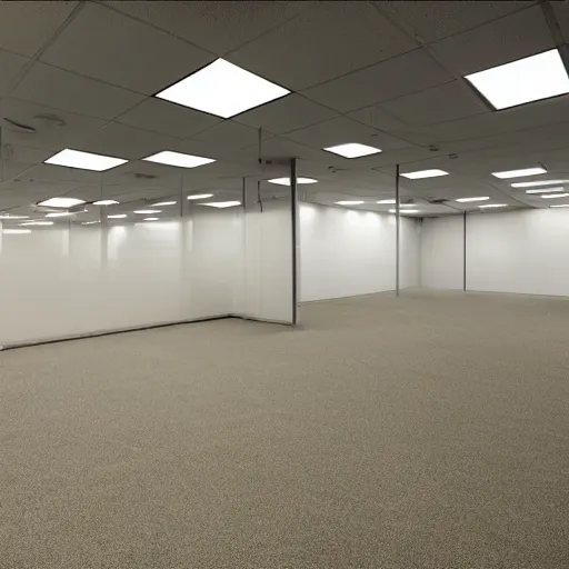 Image similar to photo of an empty 1 9 7 0 s office building, liminal space, grainy, compression artifacts