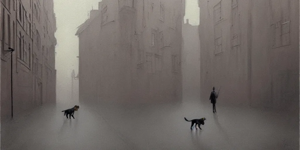 Prompt: painting of a dog and it's lifeless owner wandering the streets of london, half the painting is glitched, by zdzislaw beksinski, by dariusz zawadzki, by wayne barlowe, gothic, surrealism, cold hue's, warm tone gradient background, concept art, focused scene, medium shot, beautiful composition