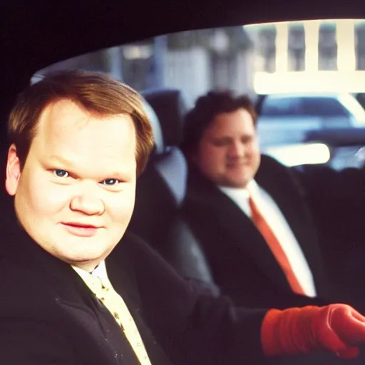 Image similar to 1 9 9 8 andy richter wearing a black wool coat and necktie in his car driving through the streets of chicago at night, pov back seat of car, cozy atmosphere