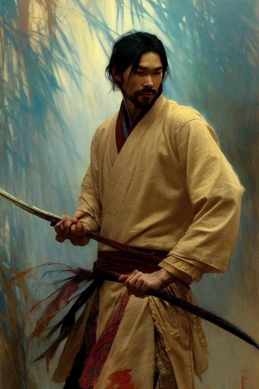 Prompt: attractive man, wuxia, painting by gaston bussiere, craig mullins, greg rutkowski, alphonse mucha