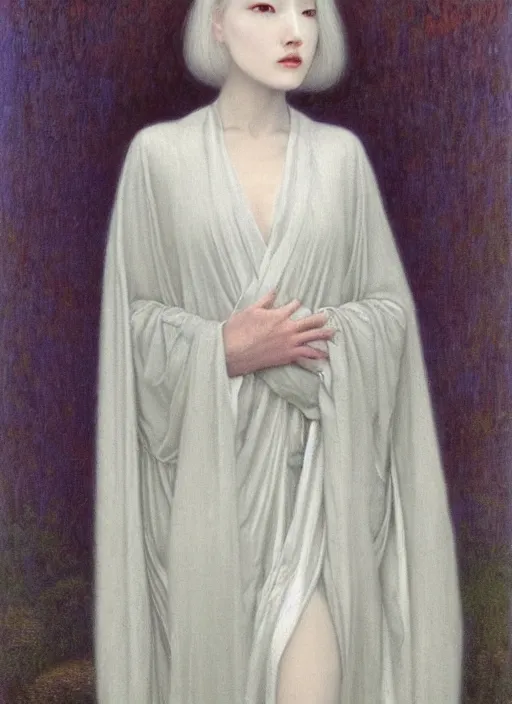 Image similar to thin young beautiful girl with silver hair, pale!, wearing robes, wearing hair, female goddess, pale smooth, young cute wan asian face, silver robes!!, oil on canvas by jean delville, 4 k resolution, aesthetic!,