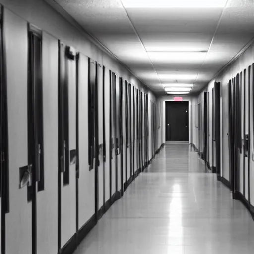 Image similar to a lonely school hallway, with some windows and lockers on the sides, at midnight, liminal space, grainy footage, fluorescent lights,