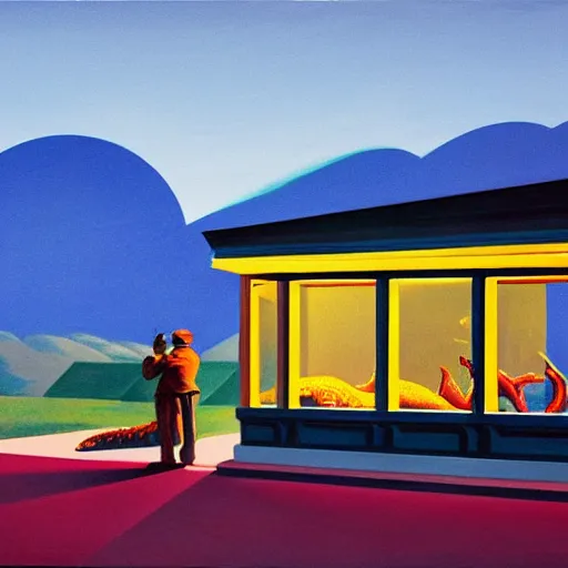 Prompt: painting of the extinction of the dinosaurs with asteroid and fire, in the style of edward hopper