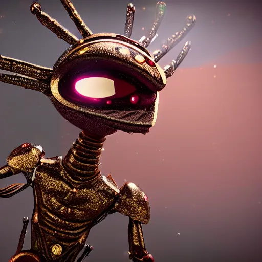 Image similar to a insect alien with a very detailed armour covered in blood eyes of gold sparkles cinematic high quality, sharp, unreal engine 5