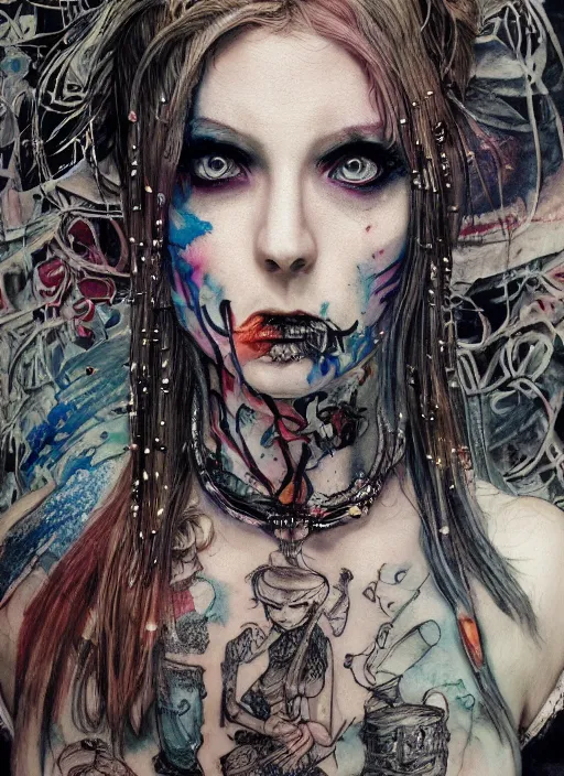 Image similar to portrait, Punk rock Alice in wonderland, caterpillar tattoo on her neck, septum piercing, fishnets, full body, torn skirt, watercolor, dramatic lighting, cinematic, establishing shot, extremely high detail, foto realistic, cinematic lighting, pen and ink, intricate line drawings, by Yoshitaka Amano, Ruan Jia, Kentaro Miura, Artgerm, post processed, concept art, artstation, matte painting, style by eddie mendoza, raphael lacoste, alex ross