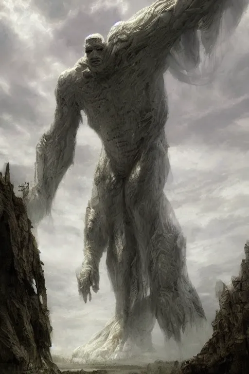 Prompt: a giant ethereal pale humanoid monster looming over a tiny human in an epic landscape, ethereal fantasy, blooodborne, artstation, james gurney