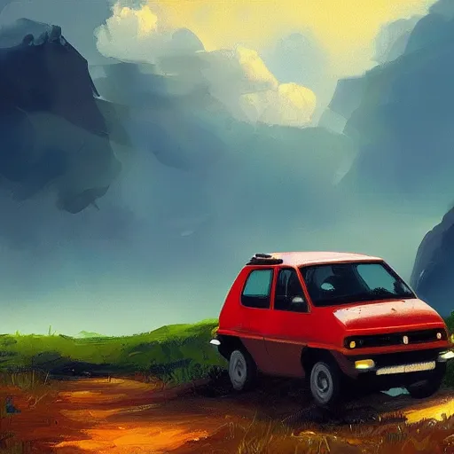 Image similar to fiat panda riding in mountains, dramatic light, impressionist painting, clouds, digital painting, artstation, simon stalenhag