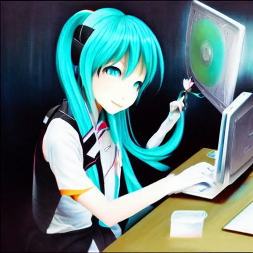 Prompt: hatsune miku using computer, smug face, painting by by ralph grady james, jean christian biville