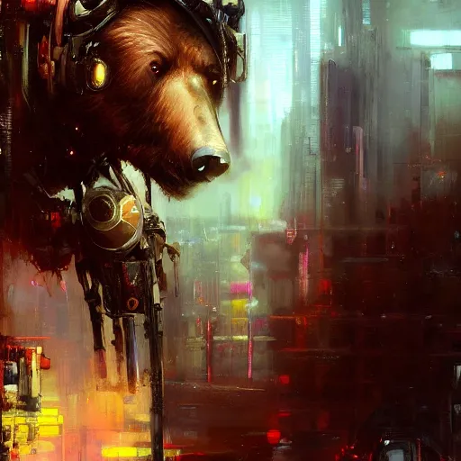 Image similar to brown bear, painting by Raymond Swanland, cyberpunk, sci-fi cybernetic implants hq