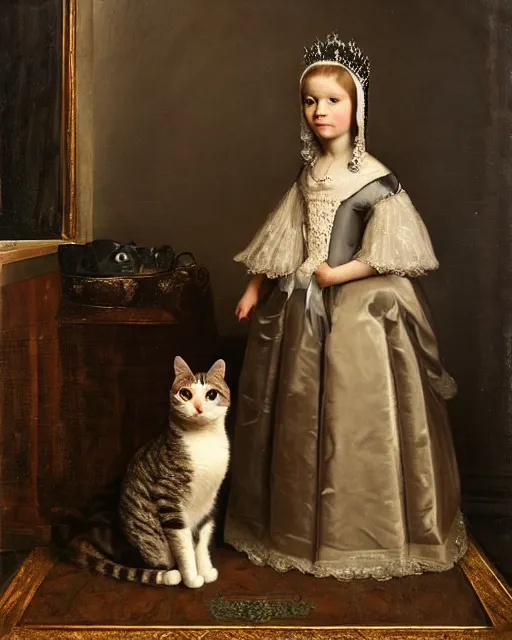 Image similar to portrait of a cat wearing a tiara, in the style of the dutch masters and gregory crewdson, dark and moody