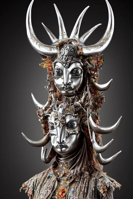 Prompt: chrome carved statue of horned persian sacred demon goddess, metallic polished intricated sculpture, dressed with a colorful torn cotton cloak, made by antonio corradini, and dug stanat macabre art, dark surrealism, epic and cinematic view, volummetric light, texturized, detailed, 8 k