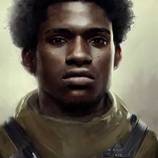 Image similar to Portrait of a man by Greg Rutkowski, he is about 20 years old, black, attractive, military composure, short black curly hair, american, trustworthy look, he is wearing futuristic military fatigues, highly detailed portrait, digital painting, artstation, concept art, smooth, sharp foccus ilustration, Artstation HQ.