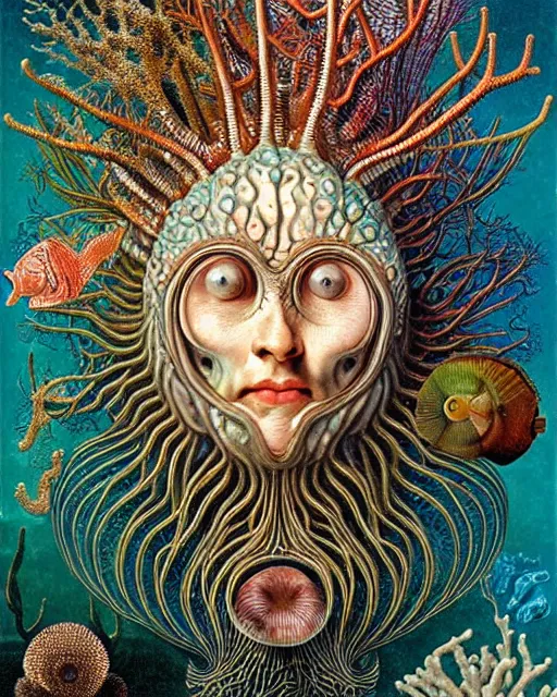 Prompt: hyperrealistic detailed underwater face portrait of the beautiful god of the fish with an intricate headgear of corals, sea kelp, sea plants, fish, starfish, jellyfish, art by ernst haeckel, hieronymus bosch, gothic, neo - gothic, ornamental, beautiful deep colours,