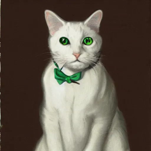 Prompt: a white tabby cat with green eyes with big ears, wearing a monocle, portrait