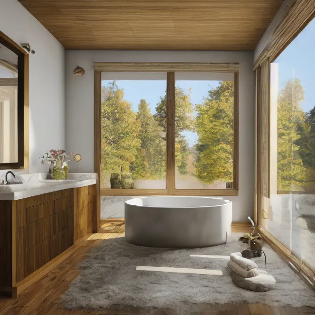 Image similar to post and beam bathroom interior, bathtub with golden faucet, wood cabinets, marble floor, large window in back with new hampshire fall foliage river view, large potted plant, realistic, unreal engine render, octane render, hyper realistic, photo, 8 k