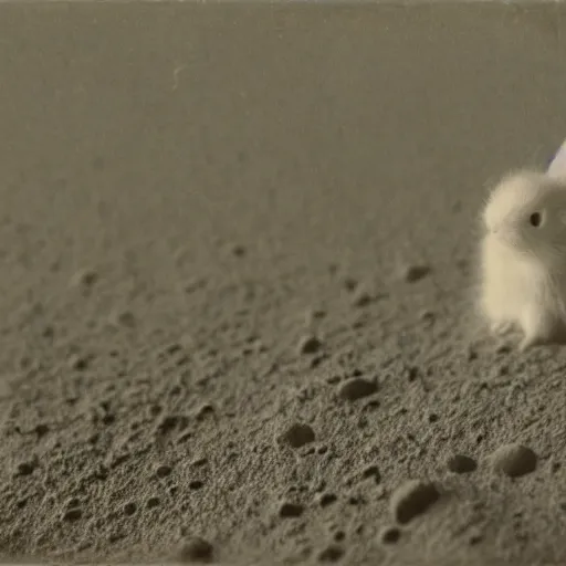 Prompt: a eerie demonic haunting baby rabbit on the moon surface, polaroid, vintage photo, grainy, damaged, faded, very detailed realistic, 5 0 mm, dslr, hd, 8 k, hasselblad film bokeh, soft light photographed on expired color film