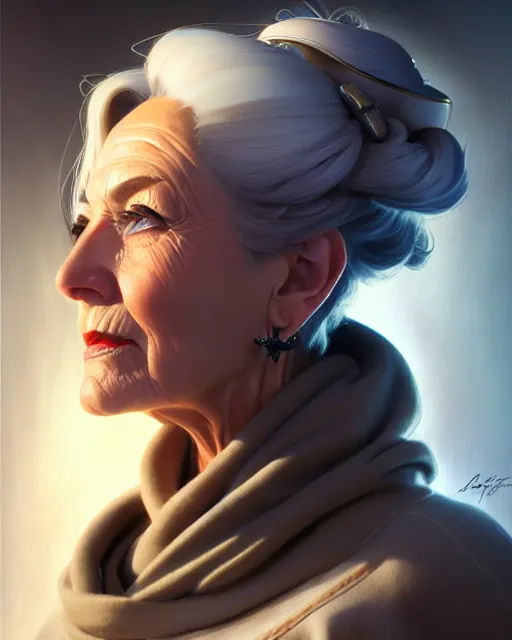 Prompt: ana from overwatch, older woman, gray hair, character portrait, portrait, close up, highly detailed, intricate detail, amazing detail, sharp focus, vintage fantasy art, vintage sci - fi art, radiant light, caustics, by boris vallejo