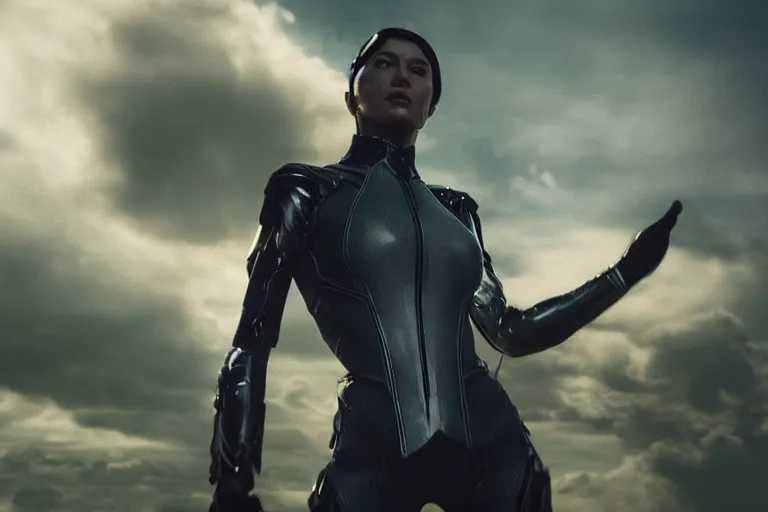 Image similar to VFX movie closeup portrait of a futuristic inhuman alien hero woman in spandex armor in future city, hero pose, beautiful skin, night lighting by Emmanuel Lubezki