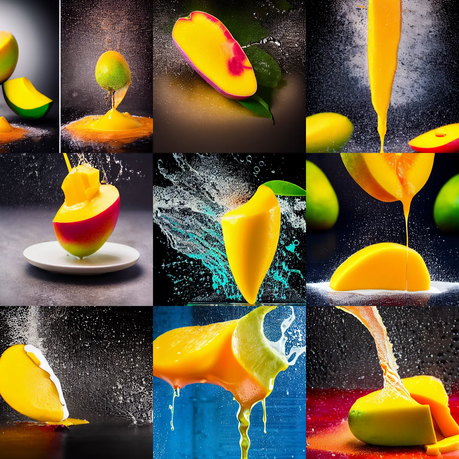 Prompt: a mango split in half with juice splashing out, colorful liquid splash, centered, bokeh, studio lighting, advertisement, high speed photography