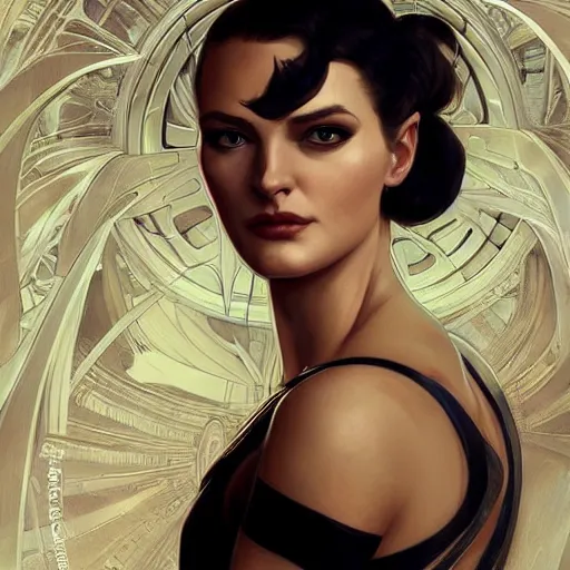 Image similar to “ daria strokous as james bond villainess with evil grin, intricate, elegant, highly detailed, digital painting, artstation, concept art, smooth, sharp focus, illustration, art by artgerm and greg rutkowski and alphonse mucha ”