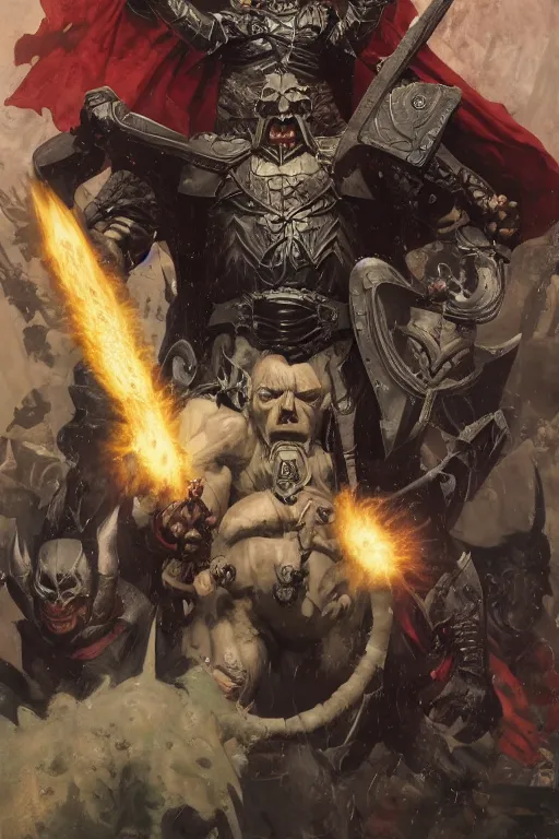 Prompt: huge gunter schlierkamp as demon king wearing cape and black armour, alex ross, jack kirby, sergey kolesov, jason fabok, lawrence alma tadema, norman rockwell, greg staples, rick berry, jeremy mann