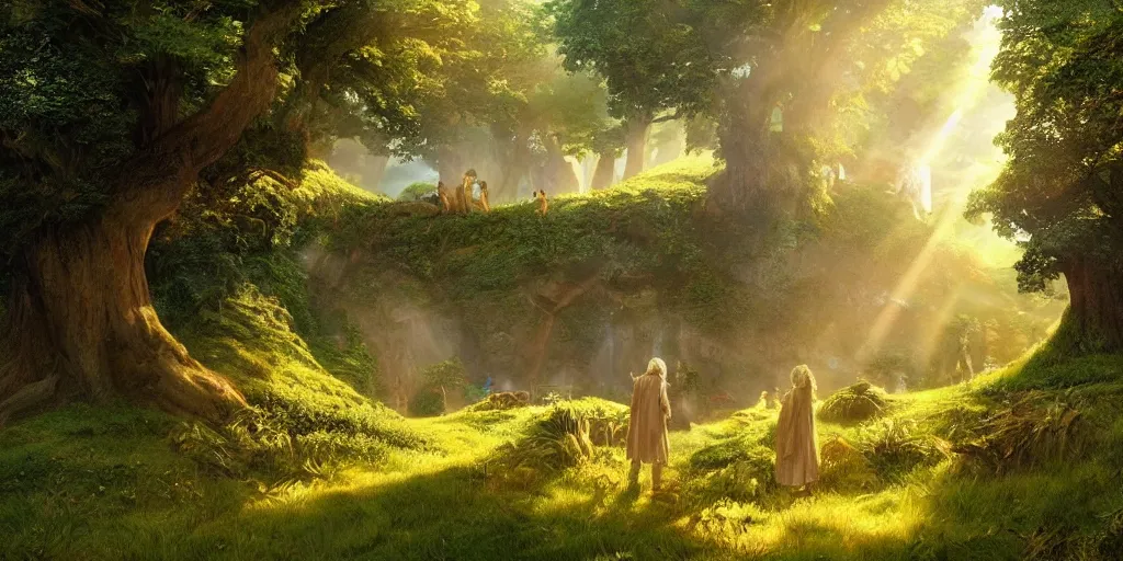 Image similar to lush and beautiful concept art for the shire, lord of the rings, peter jackson, studio ghibli, detailed, realistic lighting, volumetric lighting, golden hour,