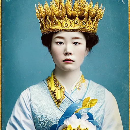 Image similar to a wide full shot, russian and japanese mix 1 9 0 0 s historical fantasy of a photograph taken of a royal gold crown with white and yellow flowers with blue leaves, photographic portrait, warm lighting, from an official photographer from the royal museum. displayed in a museum.