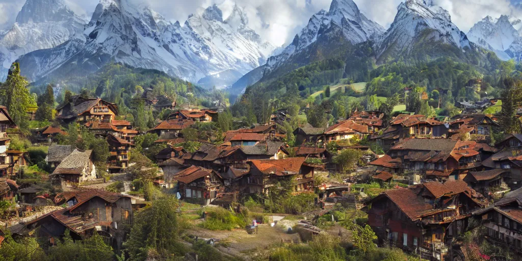 Image similar to A Swiss town as Far Cry 4 concept art, spring season, beautiful, gorgeous buildings, oil painting, painting by Viktor Vasnetsov, concept art, fantasy cityscape, swiss architecture, painting by Ivan Shishkin, hyperborea, high resolution, trending on artstation,