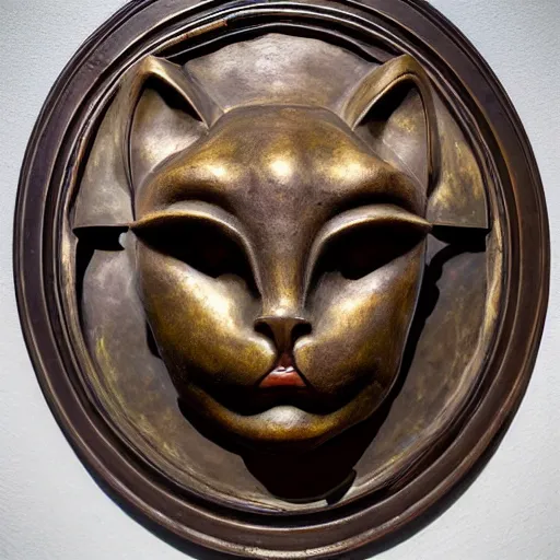 Prompt: masterpiece painting of an ancient bronze sculpture of a mechanical cat head, by annie swynnerton and diego rivera and nicholas roerich and jean delville, symbolist, dramatic lighting, god rays, elaborate geometric ornament, art brut, rich colors, smooth sharp focus, extremely detailed, adolf wolfli